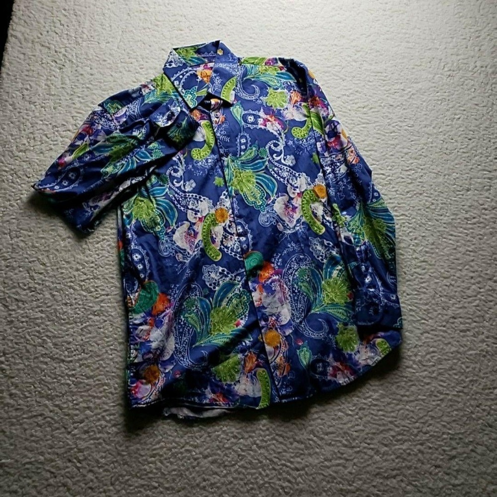 R. Lewis Shirt Mens Large Blue Paisley Long Sleeve Cotton Button-Up Casual